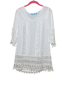 Solitaire Swim Lace Trimmed Swim Cover-Up 3/4 Sleeve Tie -Neck White M
